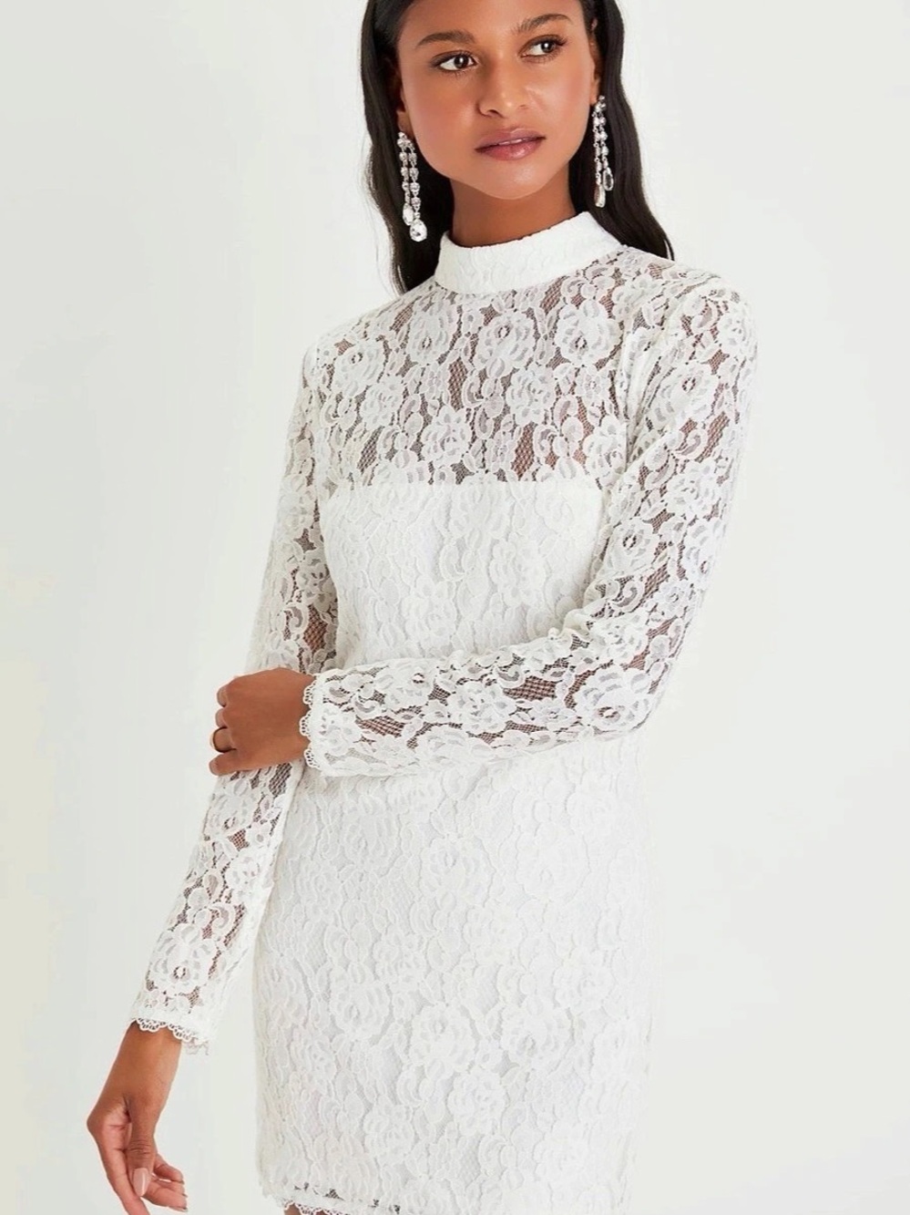 Lulus Coveted Beauty White Lace Mock Neck Bodycon Mini Dress